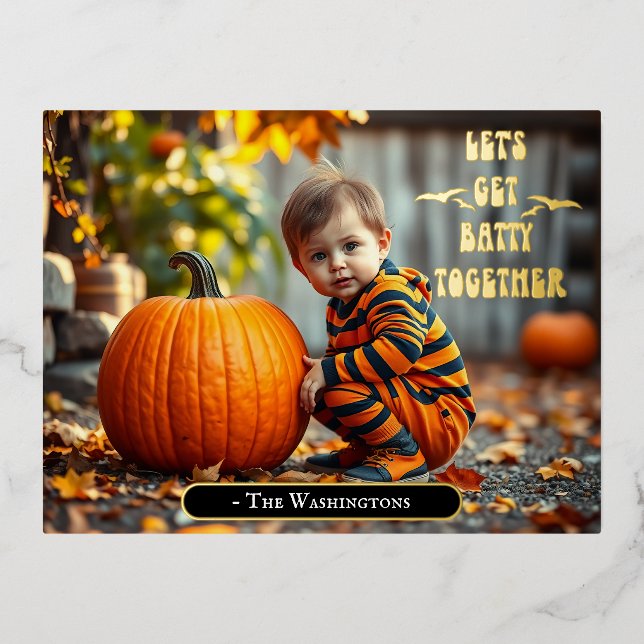 Adorable Baby with Halloween Pumpkin Foil Invitation Postcard (Front)