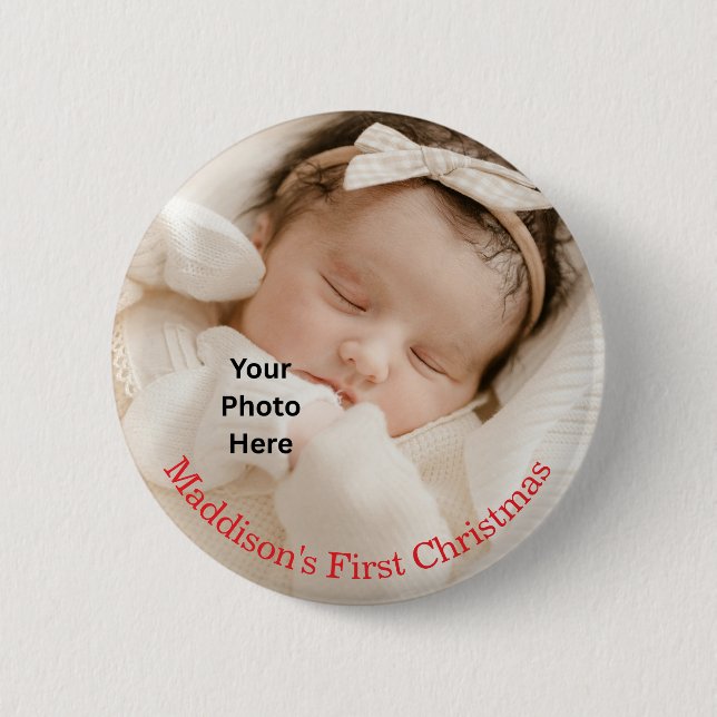 Adorable Baby's First Christmas Photo Button (Front)