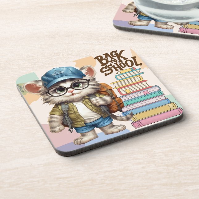 Adorable Back To School Cat Wearing Backpack Beverage Coaster (Left Side)