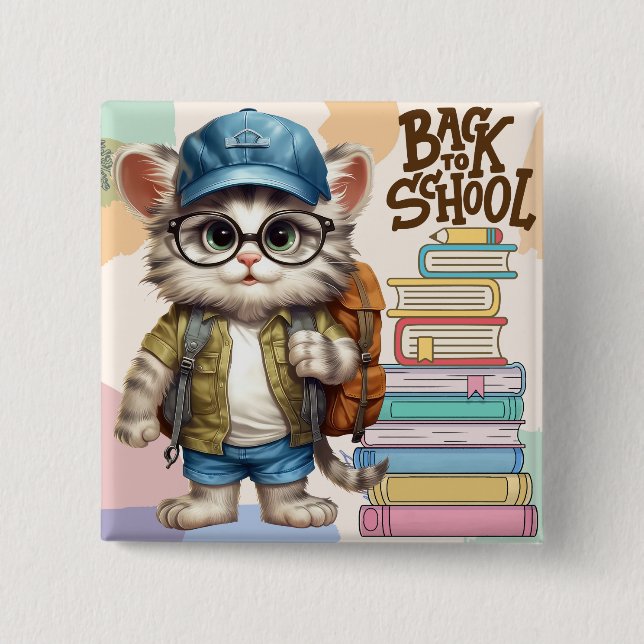 Adorable Back To School Cat Wearing Backpack Button (Front)
