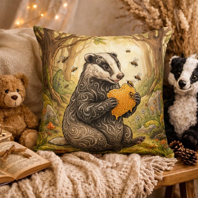 Adorable Badger Eating Honey Forest Animals  Throw Pillow (Creator Uploaded)