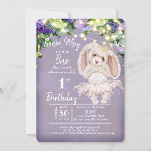 Adorable Ballerina Bunny 1st Birthday Purple Invitation