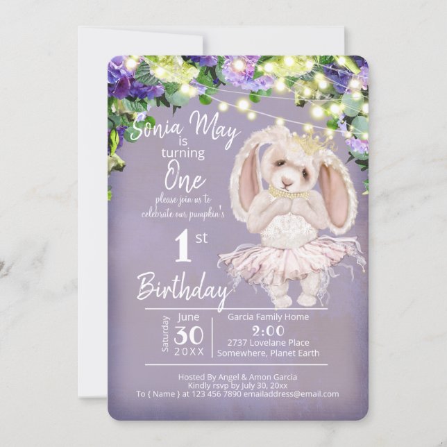 Adorable Ballerina Bunny 1st Birthday Purple Invitation (Front)