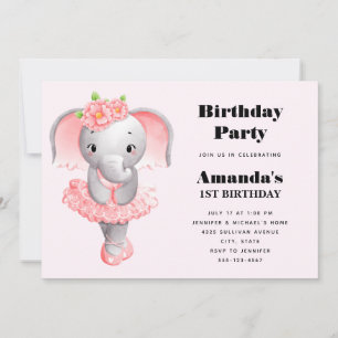 Adorable Ballerina Elephant En Pointe Birthday Invitation