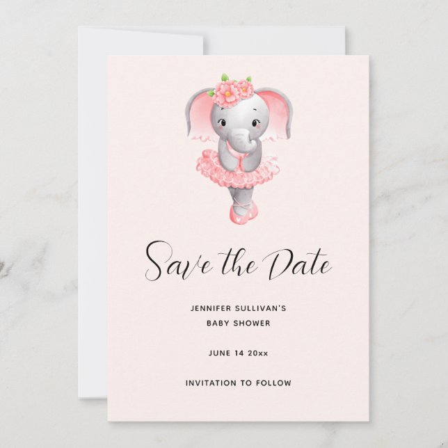Adorable Ballerina Elephant En Pointe Save The Date (Front)