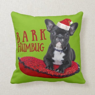 Adorable BARK Humbug French Bulldog Christmas Throw Pillow
