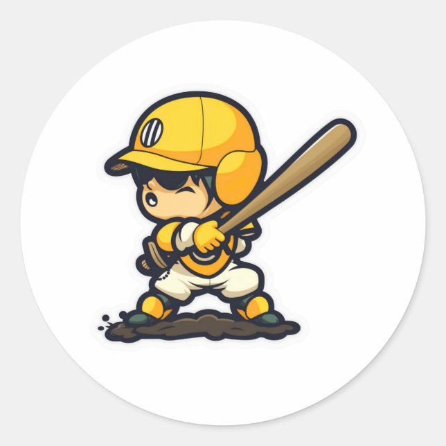 Adorable Baseball Enthusiast in Cartoon Style Classic Round Sticker (Front)