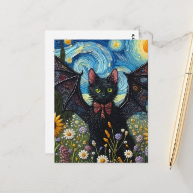 Adorable Bat Kitty in a Meadow Postcard (Front/Back In Situ)
