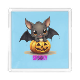 Adorable Bat on Pumpkin Cute Halloween Decor 2024 Acrylic Tray