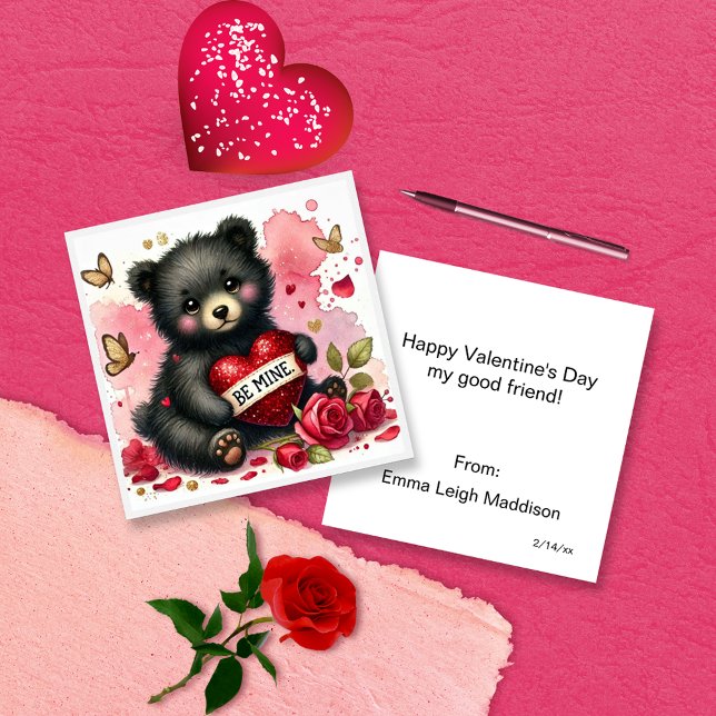 Adorable Be Mine Bear Cub Classroom Valentine Note Card (Creator Uploaded)