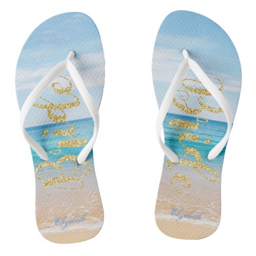 Adorable Beach Gold  Glitter Bride _Personalized Flip Flops