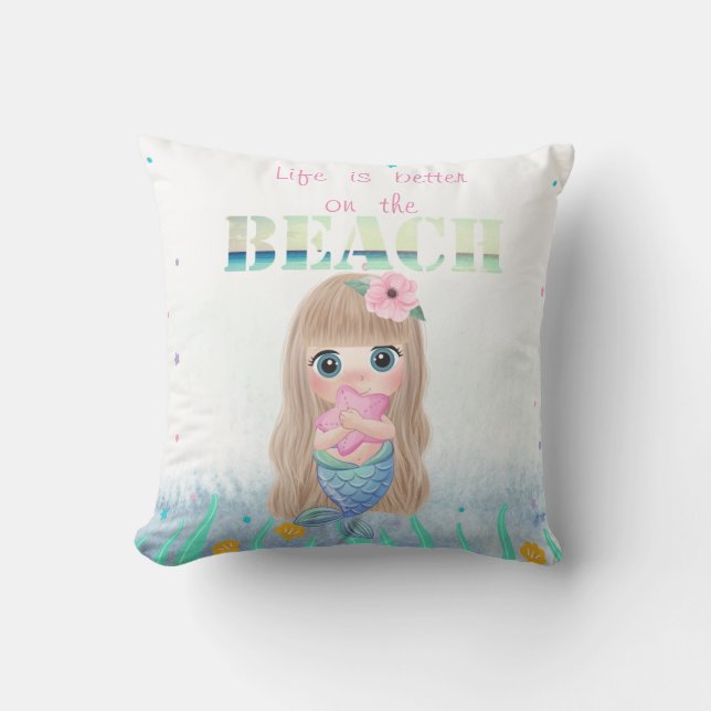 Adorable  Beach,Seashells,Baby Mermaid Throw Pillow (Front)