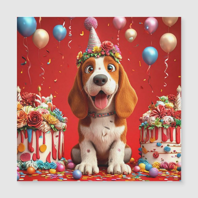 Adorable Beagle Dog Celebrating Birthday Magnetic Invitation (Front)