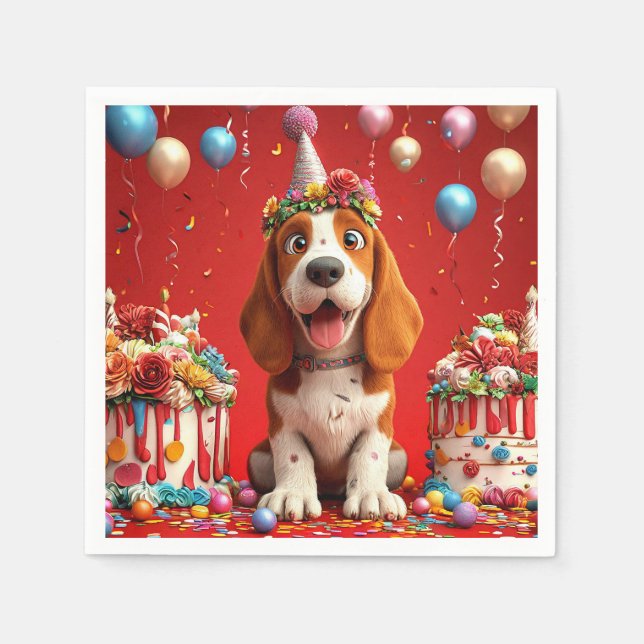 Adorable Beagle Dog Celebrating Birthday Napkins (Front)