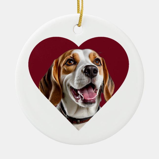 Adorable Beagle in Heart Shape Design Ceramic Ornament (Front)