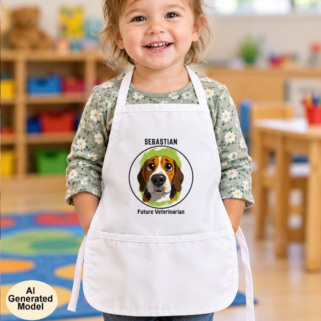 Adorable Beagle Replaceable Art Template Kids' Apron (AI generated child wearing a replaceable image and template text apron. )