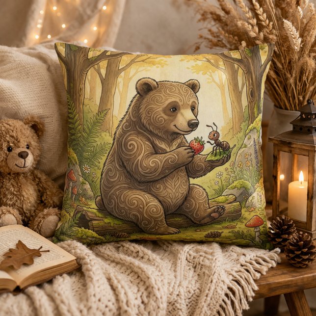 Adorable Bear and Ant Friend Forest Animals  Throw Pillow (Creator Uploaded)
