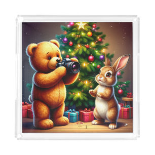 Adorable Bear and Rabbit Capturing Christmas Acrylic Tray