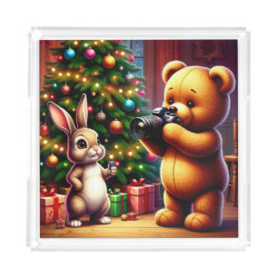 Adorable Bear and Rabbit Capturing Christmas Acrylic Tray