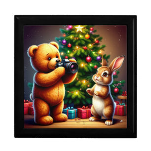 Adorable Bear and Rabbit Capturing Christmas Gift Box