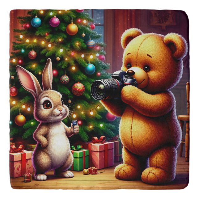 Adorable Bear and Rabbit Capturing Christmas Trivet (Front)