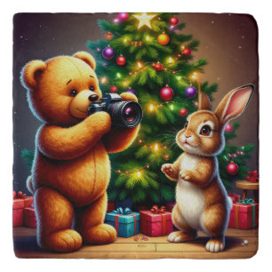 Adorable Bear and Rabbit Capturing Christmas Trivet