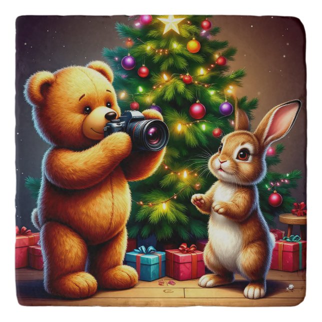 Adorable Bear and Rabbit Capturing Christmas Trivet (Front)