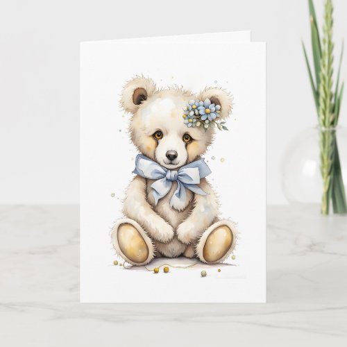 Adorable Bear Blue Bow Ribbon Flowers Blank Card