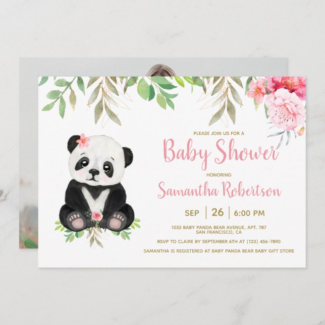 Adorable Bear Blush Pink Floral Baby Shower Photo Invitation (Front/Back)