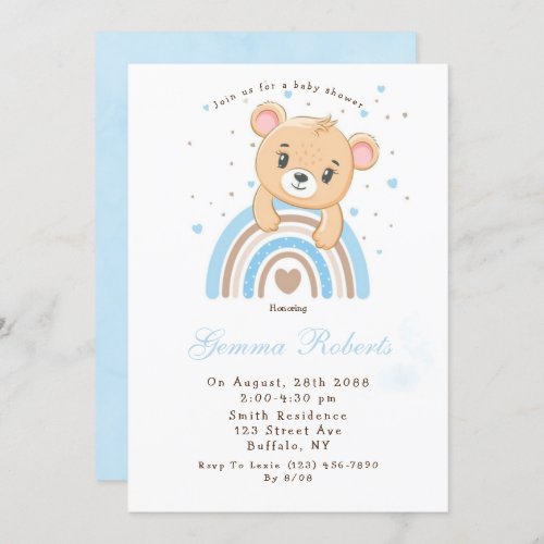 Adorable Bear Boho Rainbow Boy Baby Shower Invitation