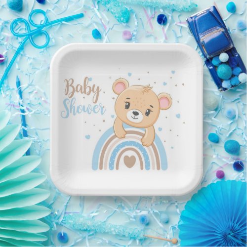 Adorable Bear Boho Rainbow Boy Baby Shower Paper Plates