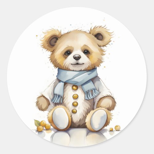 Adorable Bear Button_down Beige Sweater Blue Scarf Classic Round Sticker