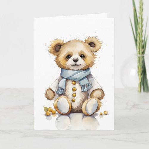 Adorable Bear Button_down Sweater Blue Scarf Blank Card