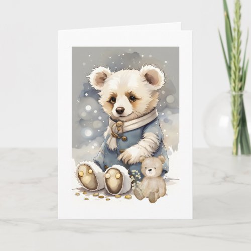 Adorable Bear Coat and Scarf with Teddy Bear Blank Card