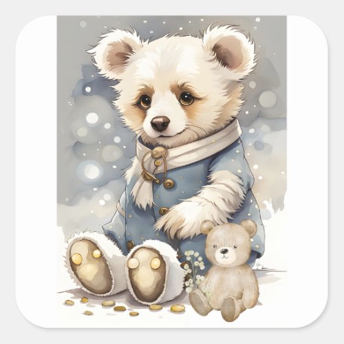 Adorable Bear Coat and Scarf with Teddy Bear Buddy Square Sticker