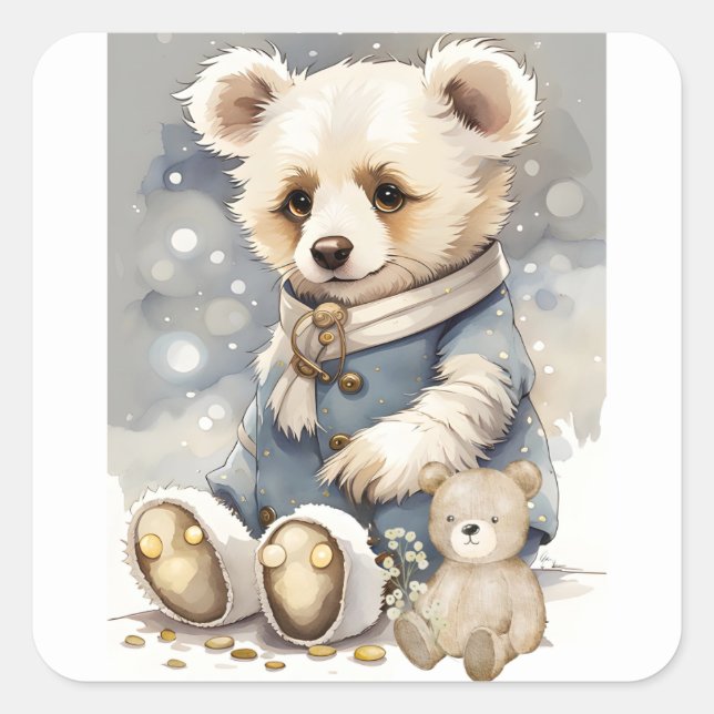 Adorable Bear Coat and Scarf with Teddy Bear Buddy Square Sticker (Front)