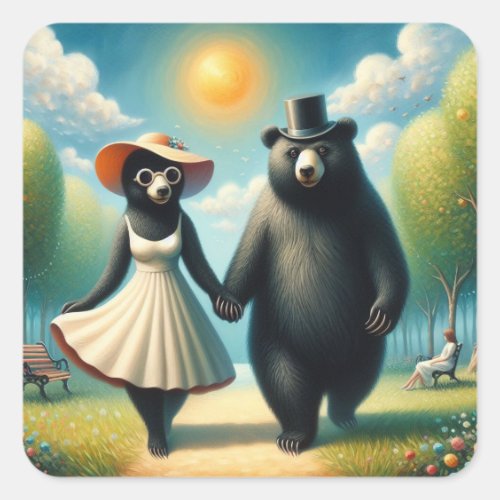 Adorable Bear Couple on a Walk in the Park Square Sticker