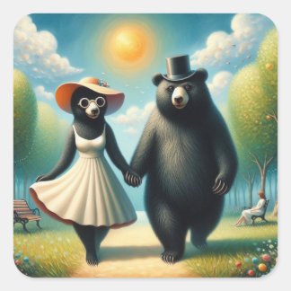 Adorable Bear Couple on a Walk in the Park Square Sticker