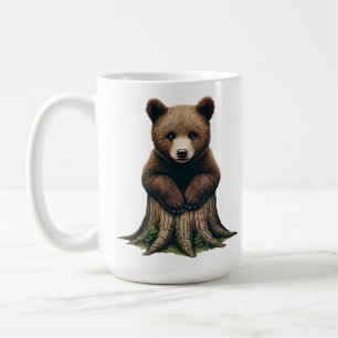 Adorable Bear Cub Sitting on Tree Stump Coffee Mug
