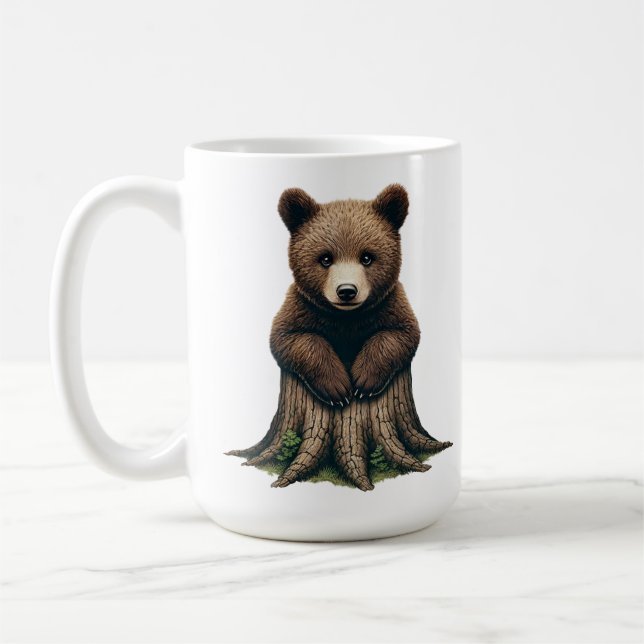 Adorable Bear Cub Sitting on Tree Stump  Coffee Mug (Left)