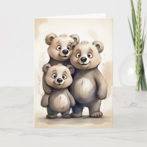 Adorable Bear Family Mom Dad Child Portrait Blank Card