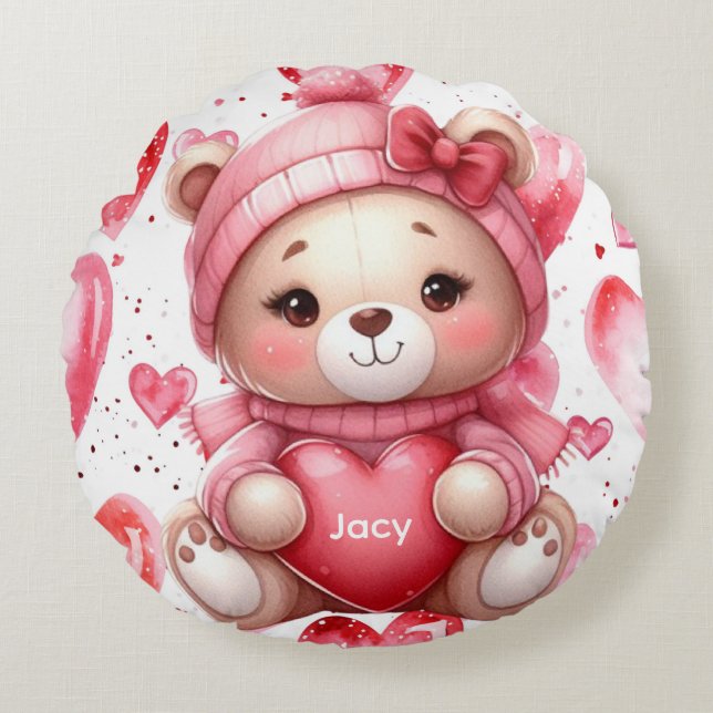 Adorable Bear Hugging Heart Personalized Name Round Pillow (Front)