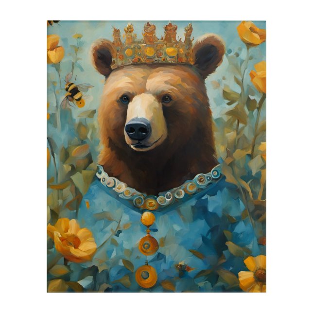 Adorable Bear in a Crown With Flowers and Bees Acrylic Print (Front)