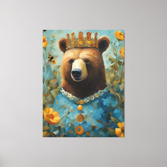 Adorable Bear in a Crown With Flowers and Bees Canvas Print (Front)