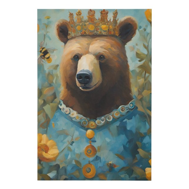 Adorable Bear in a Crown With Flowers and Bees Faux Canvas Print (Front)