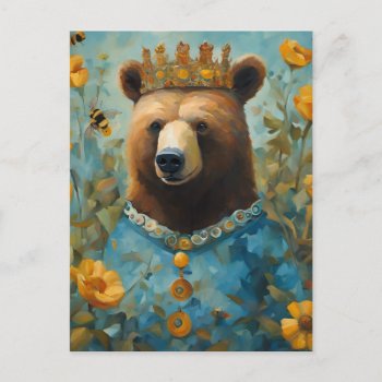 Adorable Bear In A Crown With Flowers And Bees Postcard by angelandspot at Zazzle