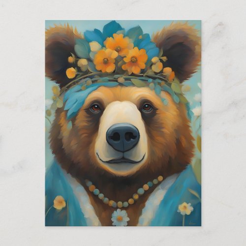 Adorable Bear in a Crown With Flowers Hippie Postcard