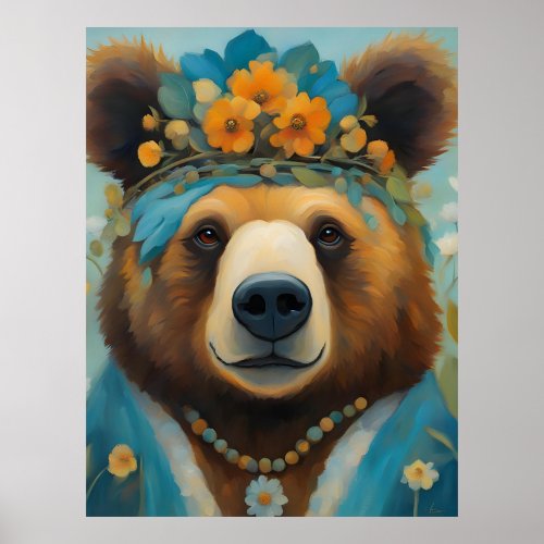 Adorable Bear in a Crown With Flowers Hippie Poster
