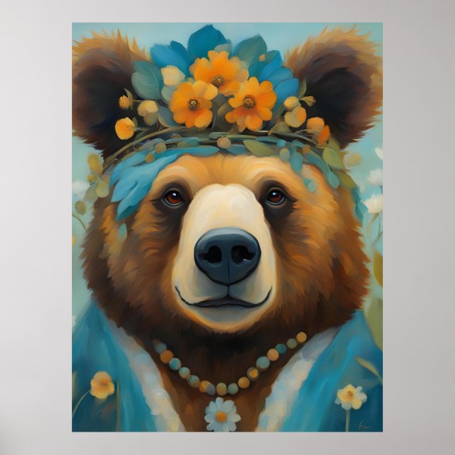 Adorable Bear in a Crown With Flowers Hippie Poster (Front)