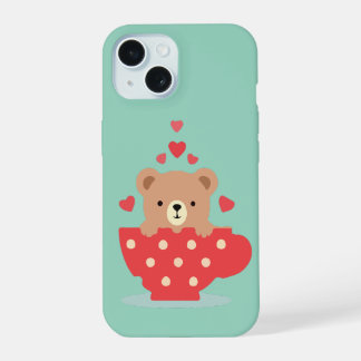 Adorable Bear in a Teacup with Hearts iPhone 15 Case